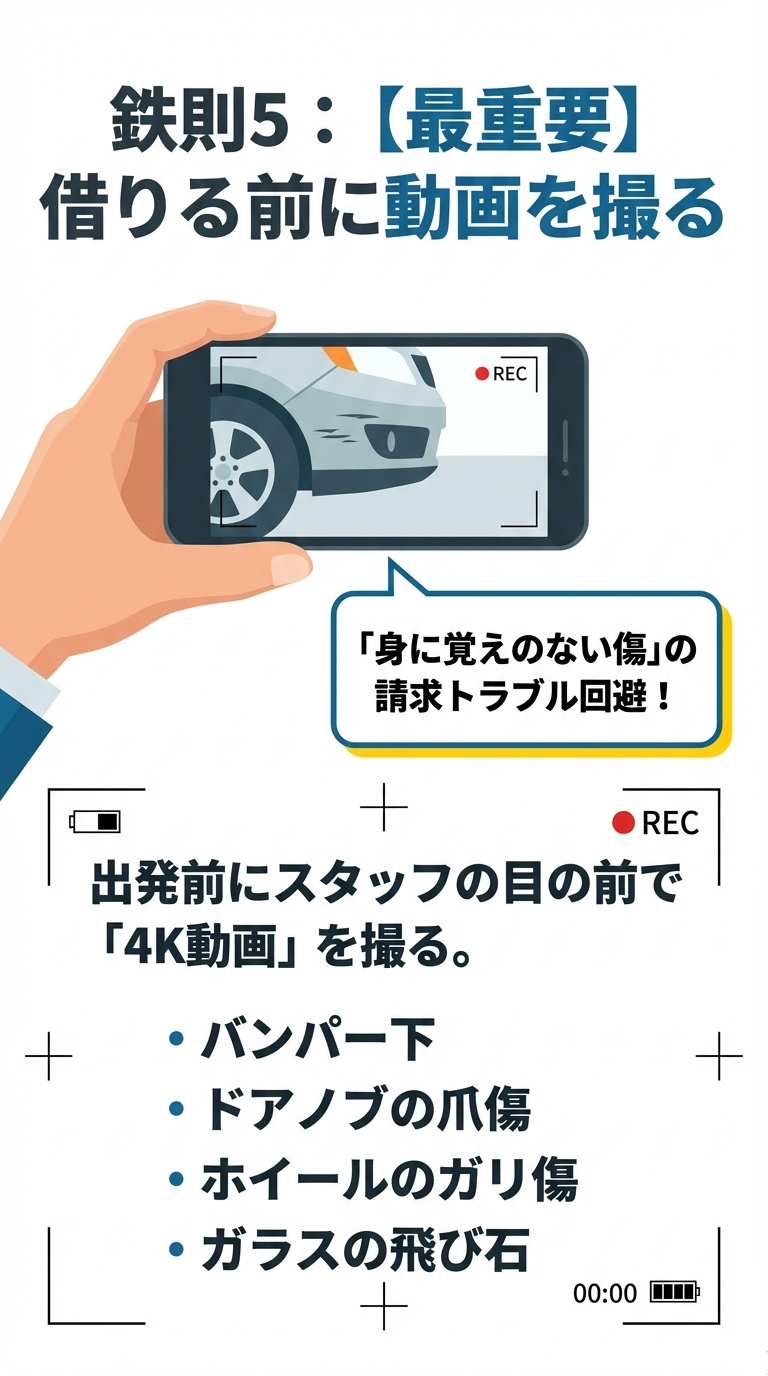返却時の傷トラブルを防ぐため、出発前に4K動画で記録すべきポイント（バンパー下、ホイール、ガラス等）の解説。
