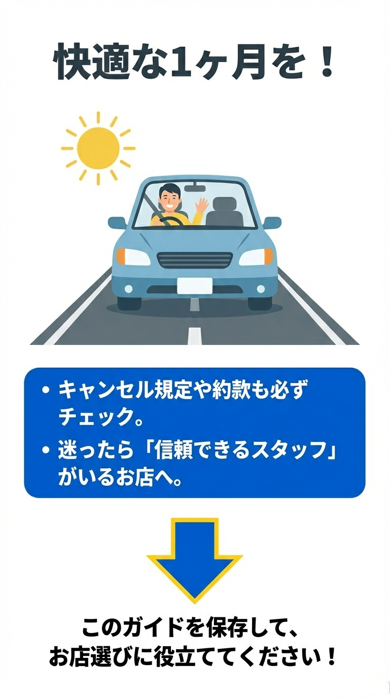 車を運転するイラストと共に、キャンセル規定の確認や信頼できる店舗選びを促すメッセージ画像。