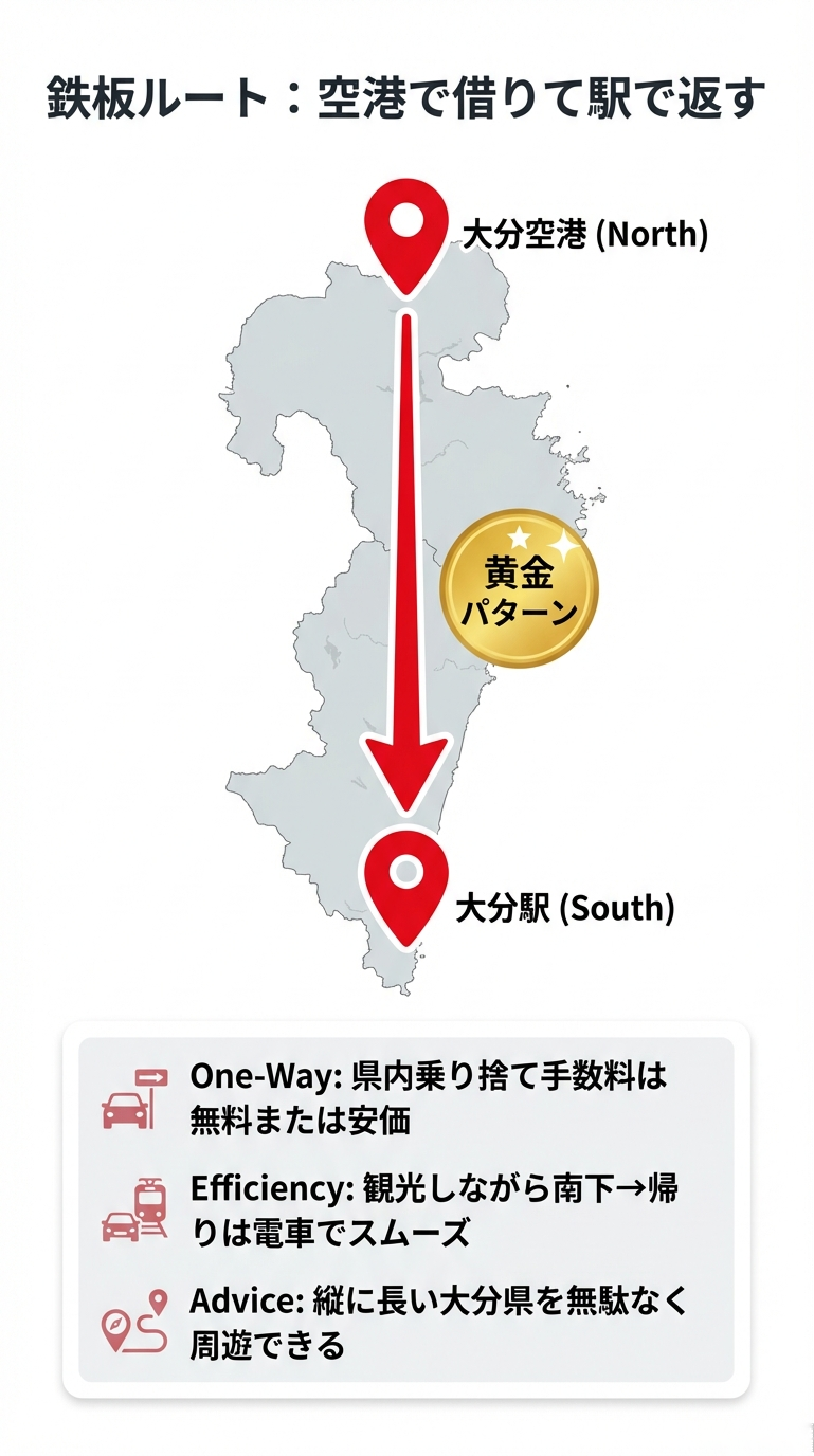 大分空港で借りて大分駅で返すワンウェイ利用の解説。県内乗り捨て手数料が無料または安価で、観光しながら効率よく周遊できるメリットを示した図解。 