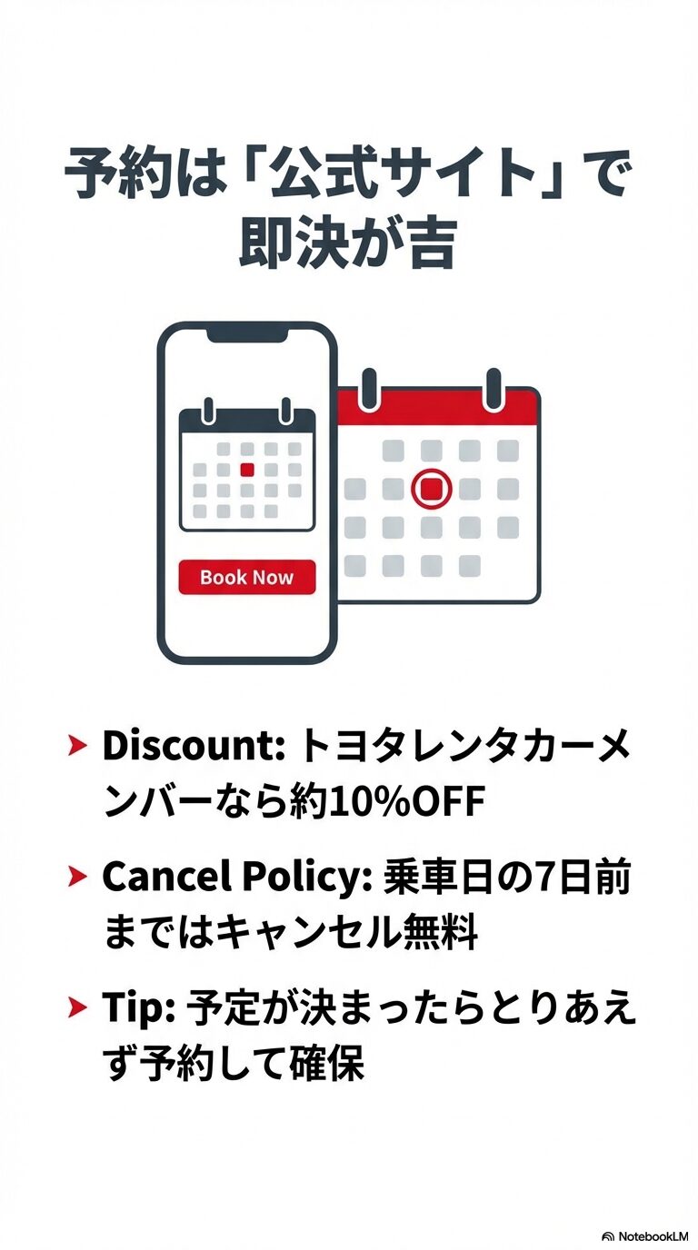 公式サイトでの即決予約を推奨。メンバー登録で約10%OFFになることや、7日前までキャンセル無料であること、予定が決まったらまず確保することを勧めるスライド