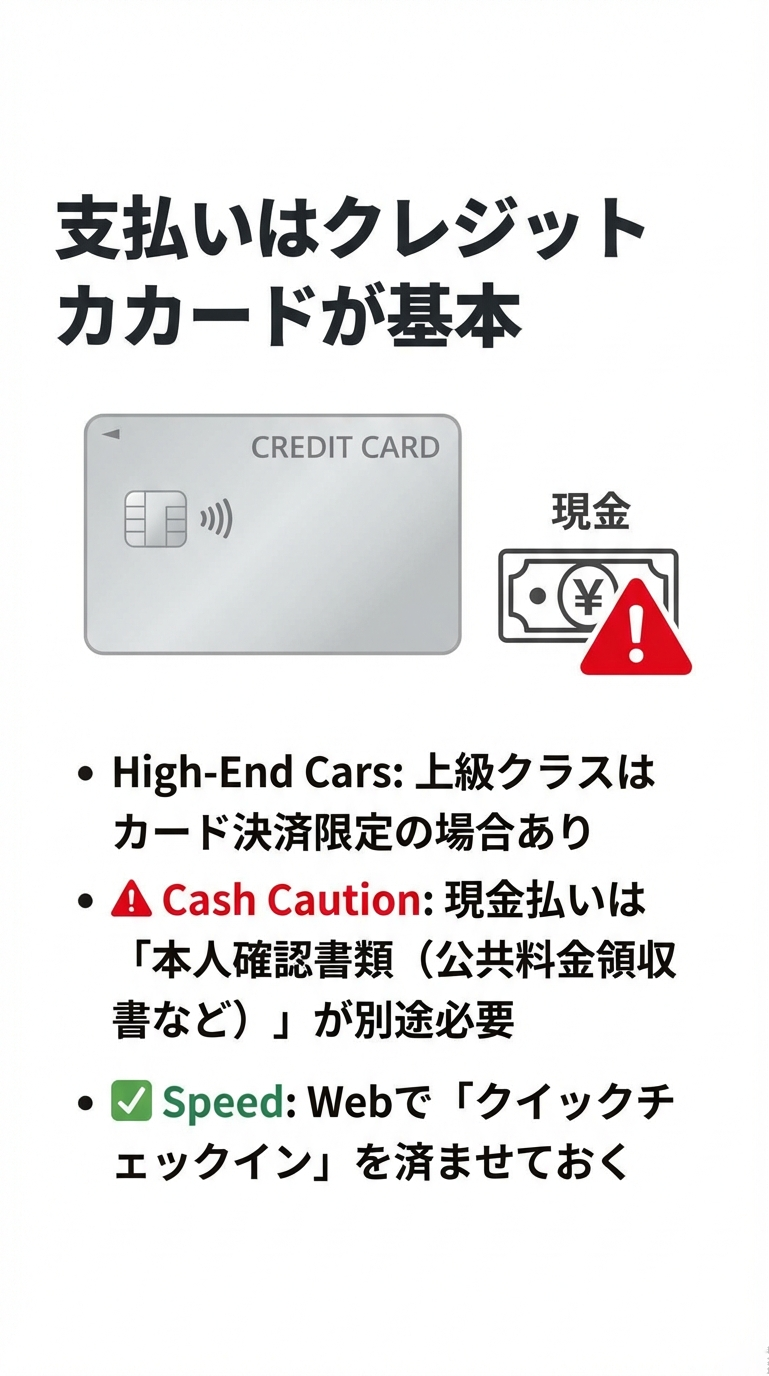 支払いはクレジットカードが基本であり、現金払いの場合は本人確認書類が必要なこと。出発をスムーズにするためのWebでのクイックチェックインの推奨。 