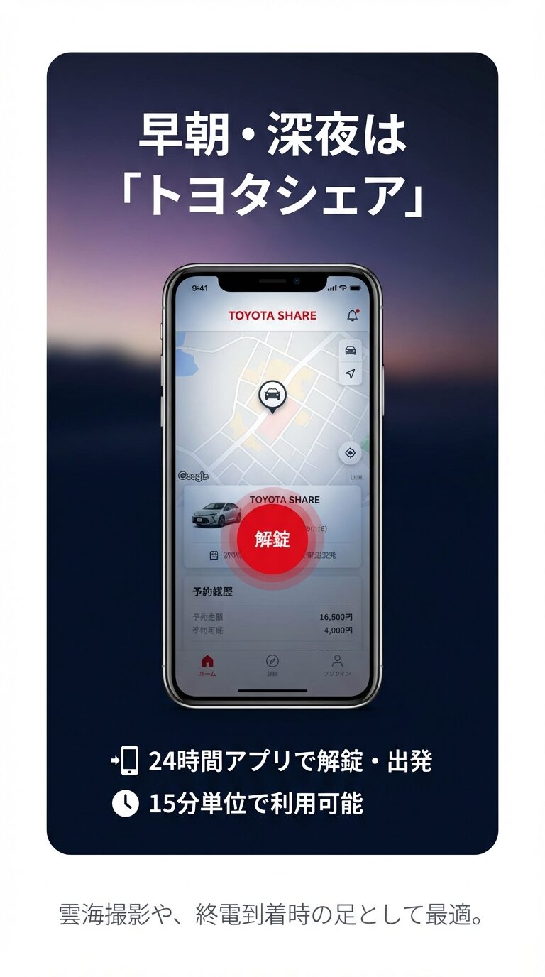 スマホアプリで24時間解錠・出発が可能なトヨタシェアの紹介。15分単位で利用でき、終電到着時などの足として最適。