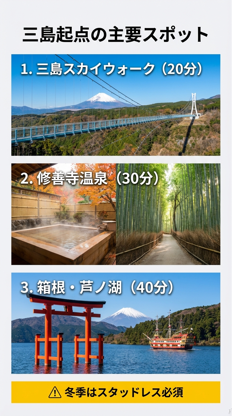 三島スカイウォーク（20分）、修善寺温泉（30分）、箱根・芦ノ湖（40分）への所要時間と、冬季のスタッドレス必須の案内。
