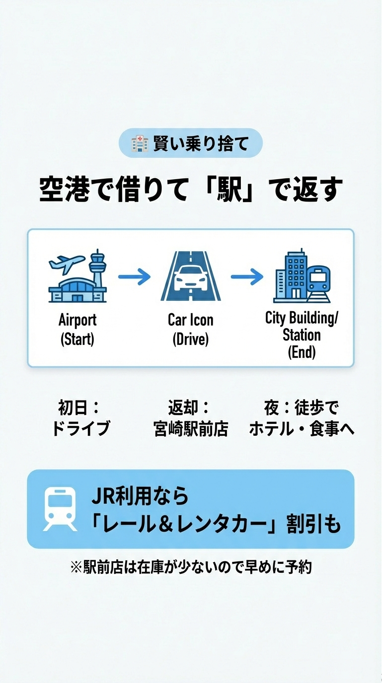 空港でレンタルを開始し、宮崎駅前店で返却して夜は徒歩でホテルや食事へ向かう、効率的な乗り捨てプランのイメージ図。