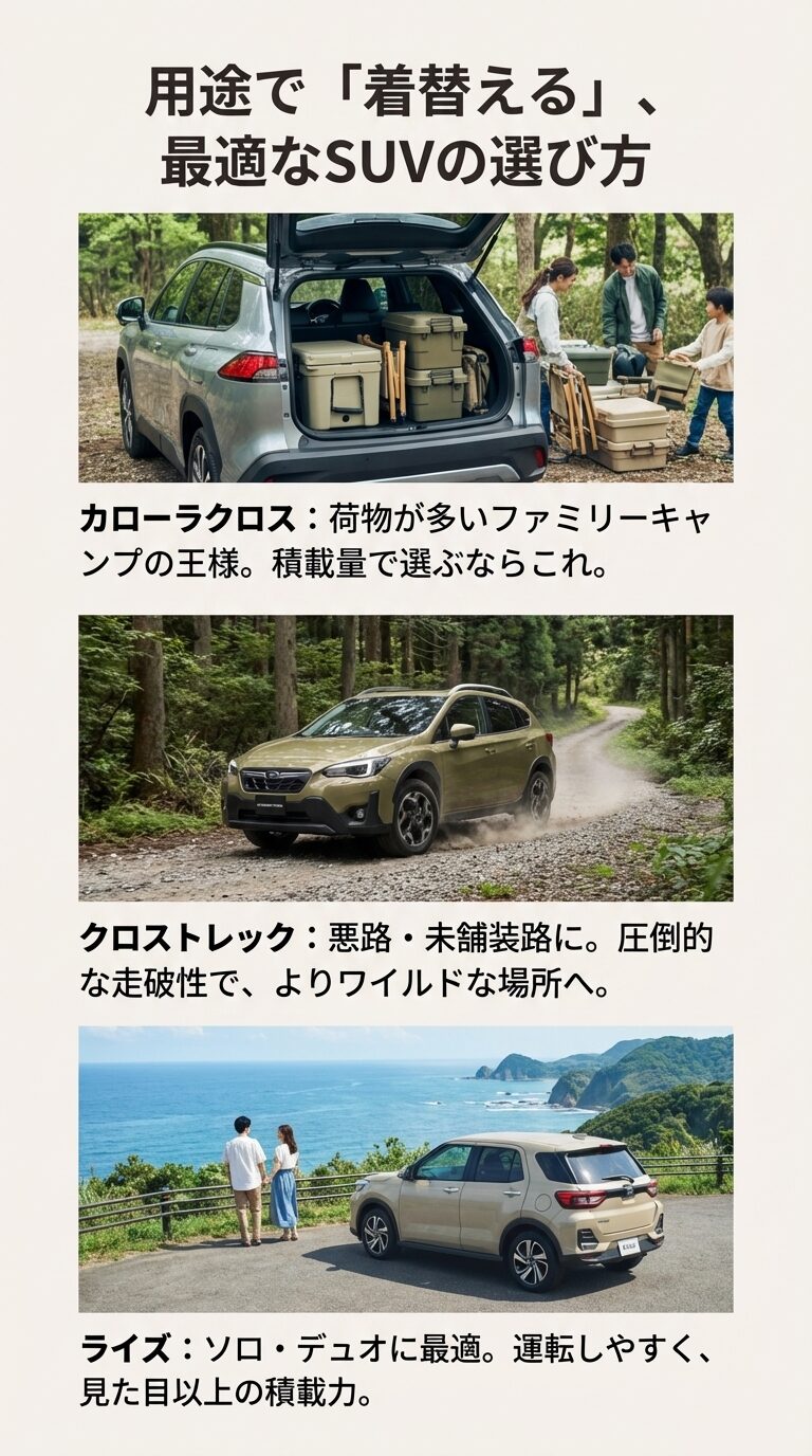 積載量のカローラクロス、走破性のクロストレック、運転しやすいライズの3車種をキャンプ用途別に解説。 