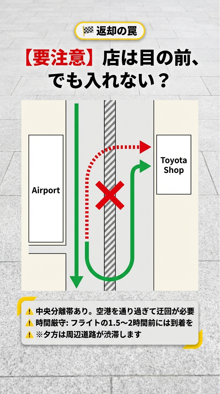 宮崎空港店は中央分離帯があるため直接右折入庫できず、空港を通り過ぎて迂回が必要であることを示す道路図。