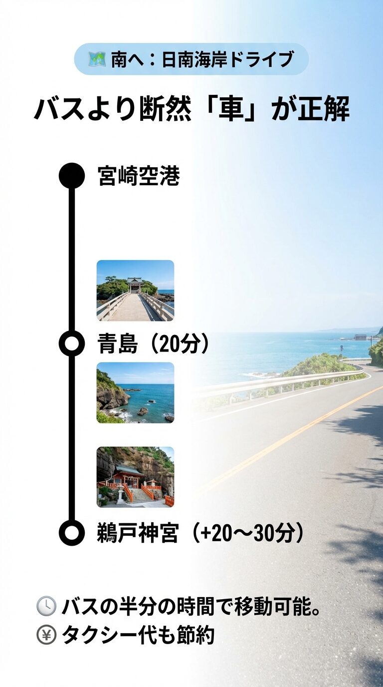 青島まで20分、鵜戸神宮までさらに20〜30分と、バスの半分の時間で移動できる日南海岸ドライブのメリット。
