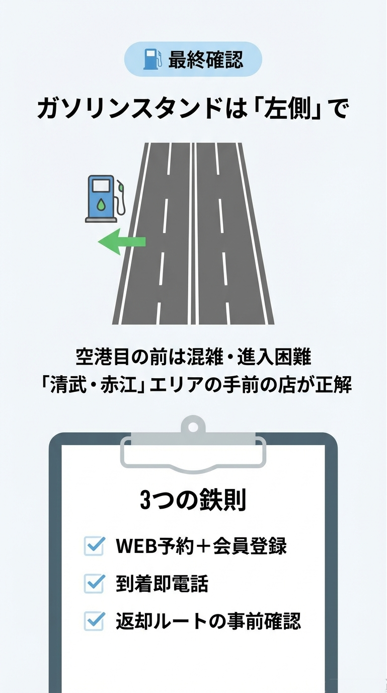 ガソリンスタンドは道路左側で探すこと、WEB予約＋会員登録、到着即電話、返却ルート確認の「3つの鉄則」をまとめたスライド。