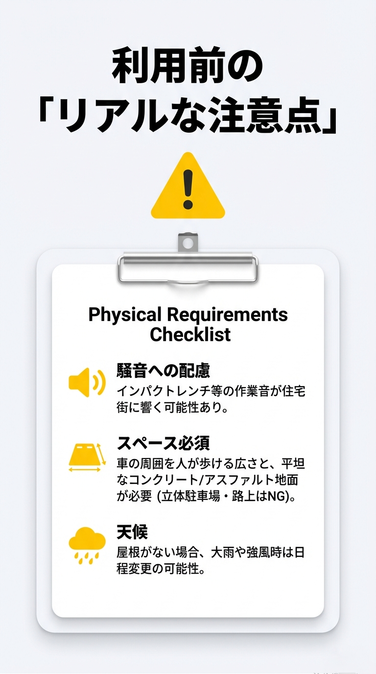 騒音への配慮、車の周囲を人が歩ける平坦なスペースの必要性、大雨や強風時の天候による日程変更の可能性など、物理的な制約をまとめたチェックリスト。