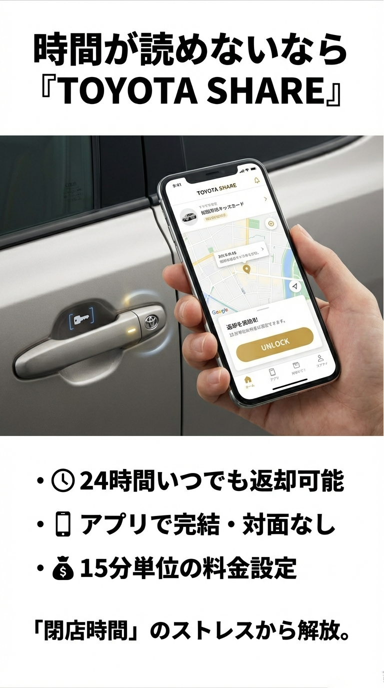 トヨタシェアの利便性 トヨタシェアのアプリ画面。「24時間いつでも返却可能、アプリ完結、15分単位の料金設定」といったメリットの紹介。
