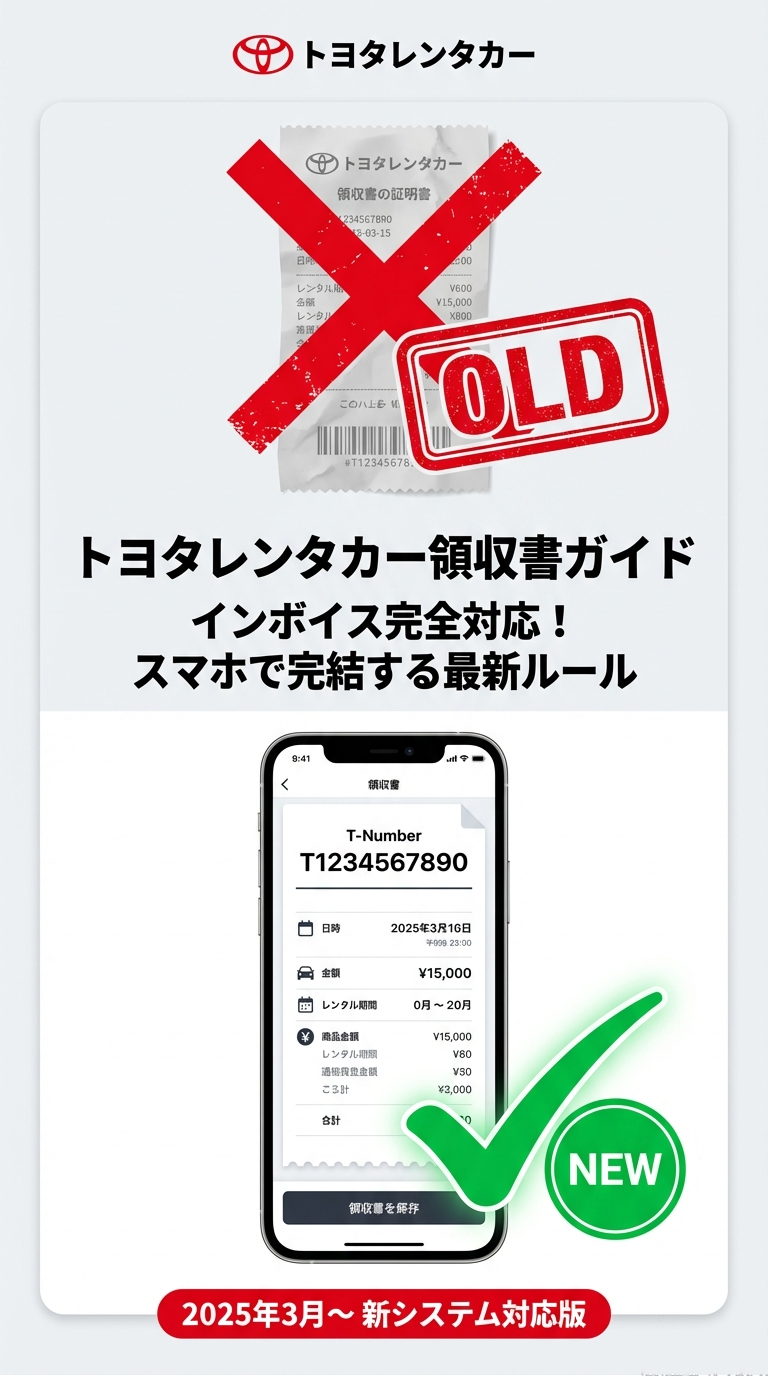 2025年3月から始まったトヨタレンタカーの領収書新システムを説明するスライド。古い紙の領収書にバツ印、スマホでのデジタル領収書にチェックマークがついている。