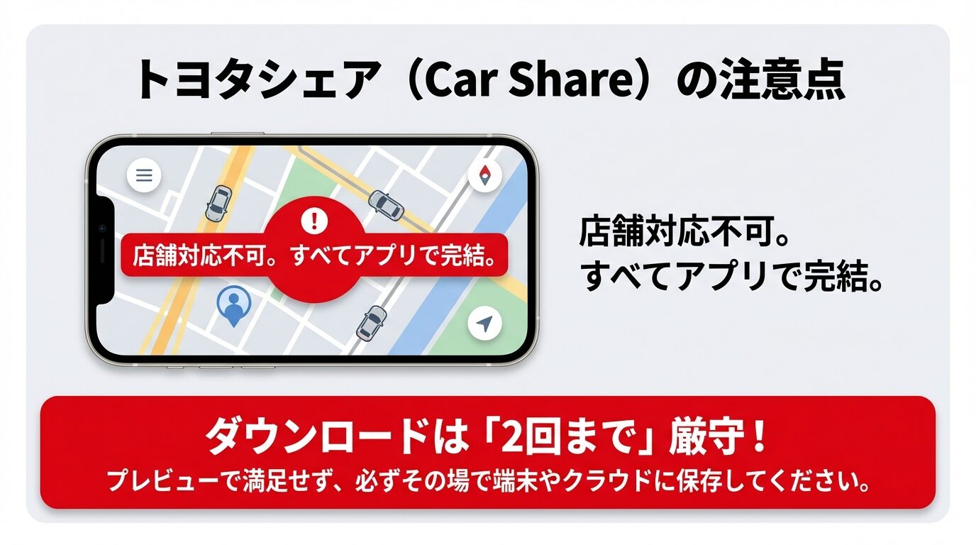 トヨタシェアはアプリ完結で店舗対応不可、ダウンロード回数は2回までという制限を強調する注意喚起スライド。