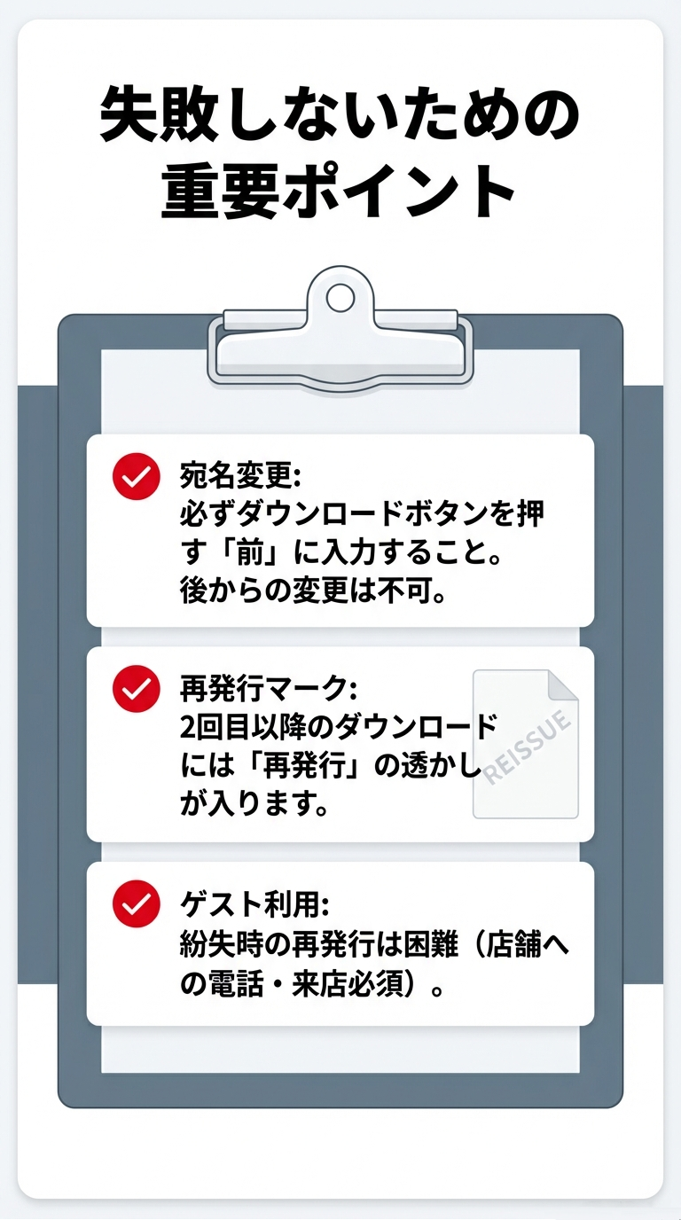 宛名変更はダウンロード前に済ませること、2回目以降は「REISSUE」の透かしが入ること、ゲスト利用時のリスクを説明するスライド。