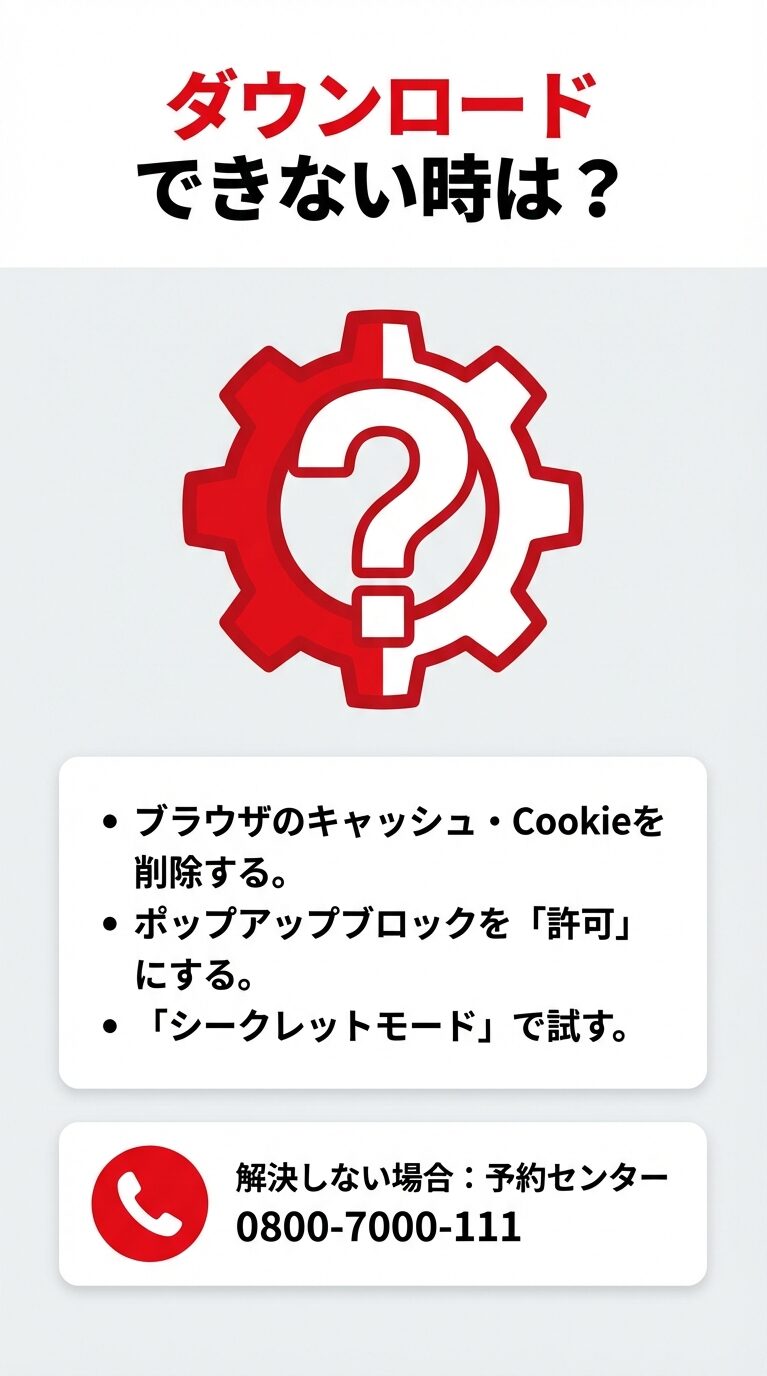 ブラウザのキャッシュ削除、ポップアップブロック解除、シークレットモードの試行、および予約センターの電話番号を記載したトラブルシューティング。