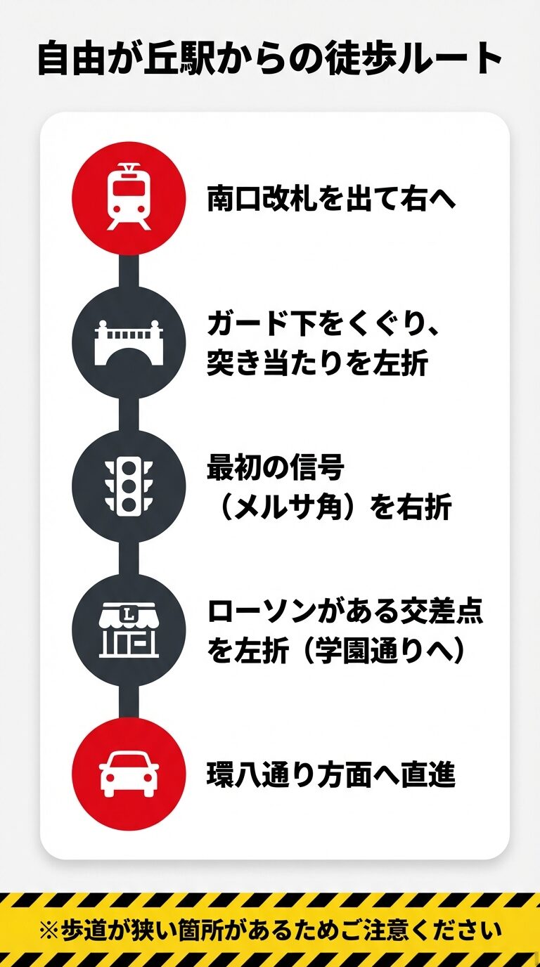 自由が丘駅からの徒歩ルートマップ 南口改札から右へ進み、ガード下を抜け、メルサ角を右折、ローソンのある交差点を左折して学園通りを直進する手順を説明したテキストスライド。