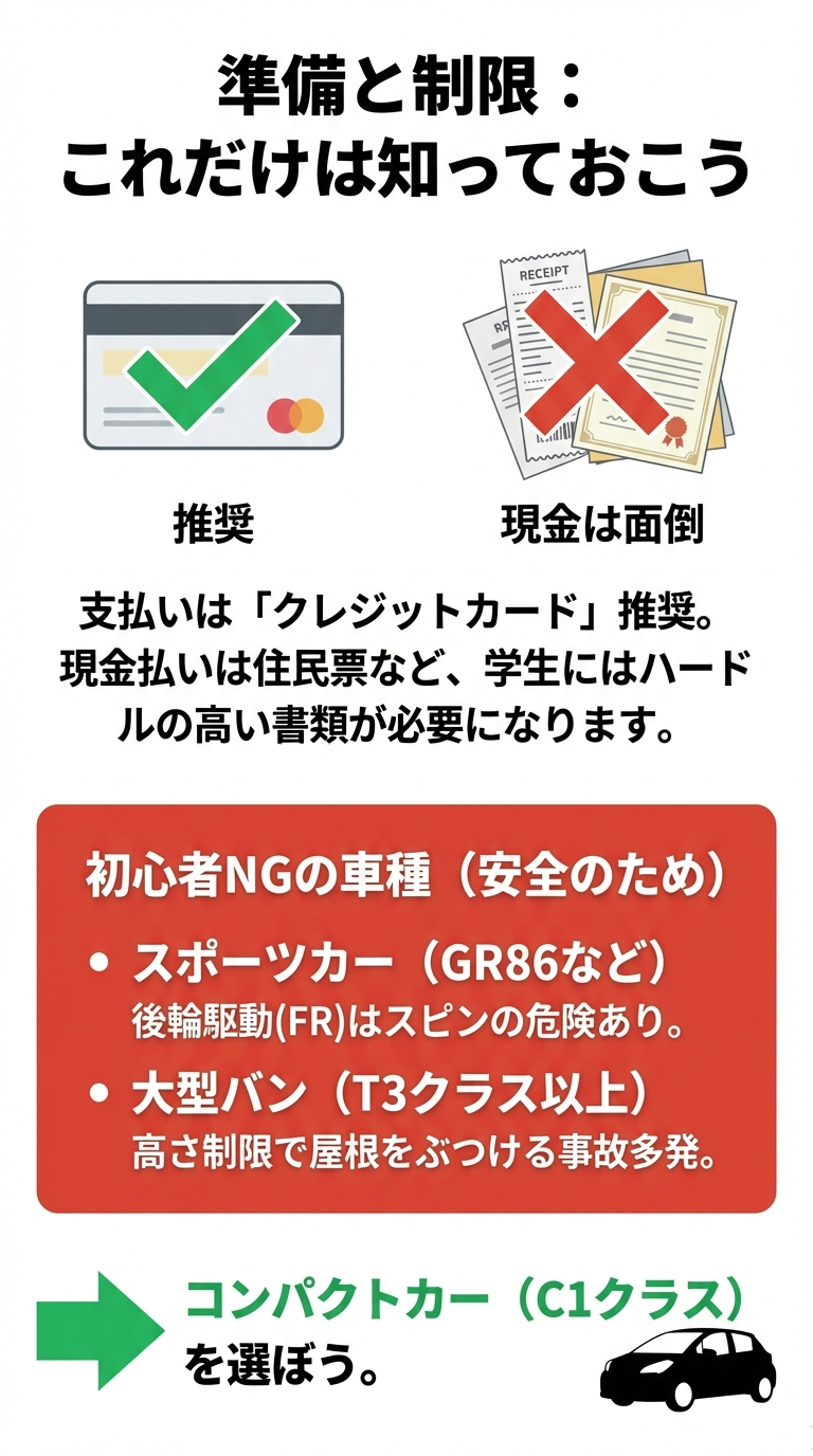 支払いはクレジットカードを推奨。現金払いは必要書類が多くハードルが高いこと、最初はC1クラス（コンパクトカー）を選ぶべきことを説明するスライド。