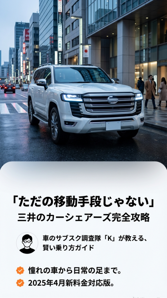 都会の夜景をバックにした白いランドクルーザー300の写真と、「ただの移動手段じゃない」三井のカーシェアーズ完全攻略 2025年4月新料金対応版というタイトルテキスト。 