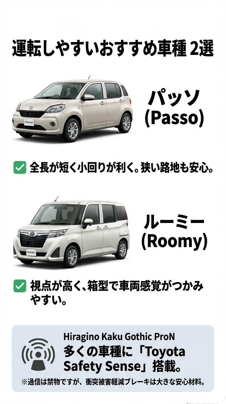 小回りの利く「パッソ」と、視点が高く車両感覚が掴みやすい「ルーミー」を紹介するスライド。