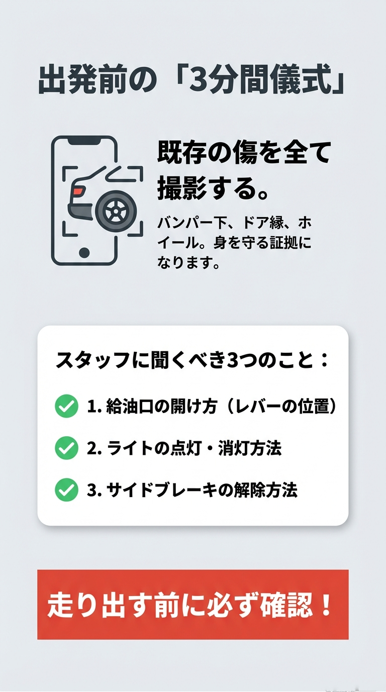 既存の傷をスマホで撮影することと、給油口・ライト・サイドブレーキの3点をスタッフに確認することを促すスライド。