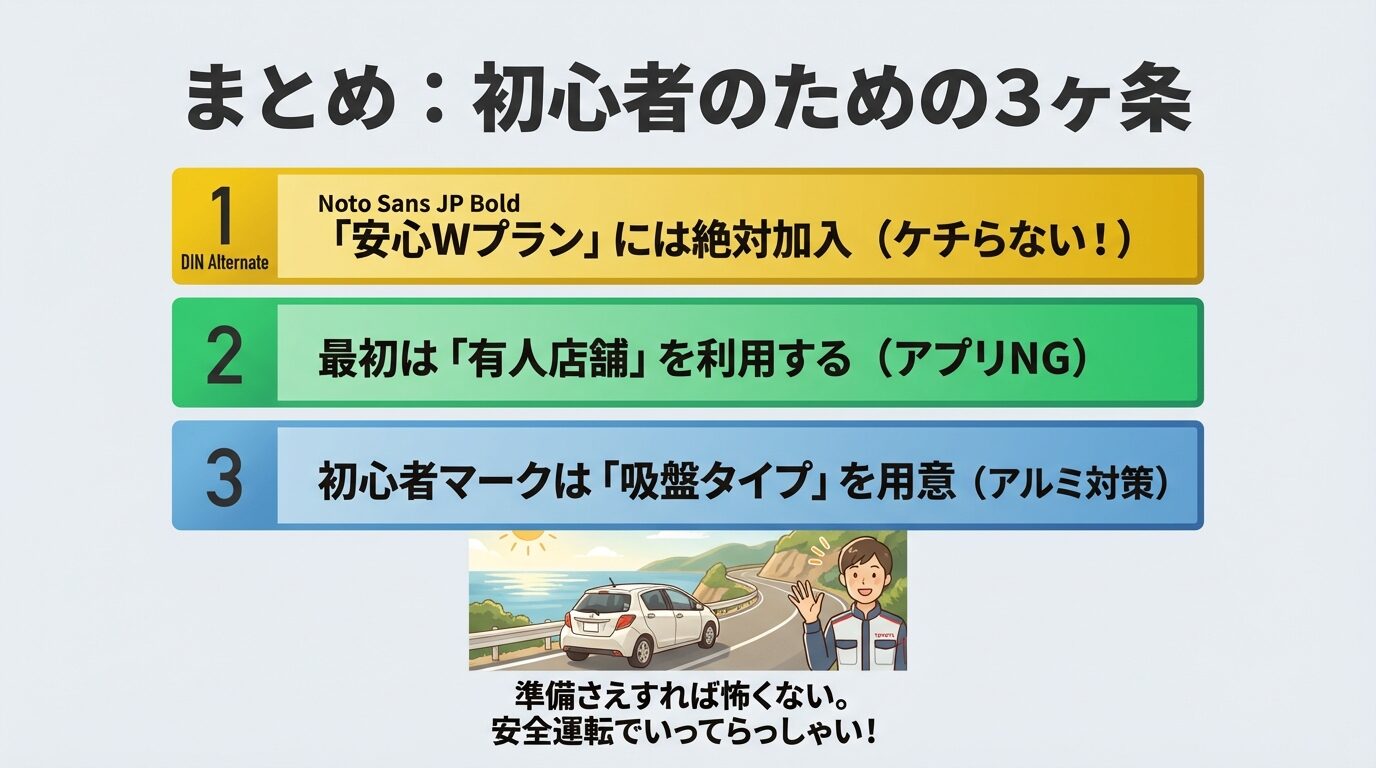 「安心Wプラン加入」「有人店舗利用」「吸盤タイプ用意」の3点をまとめた、安全運転を促す最終スライド。