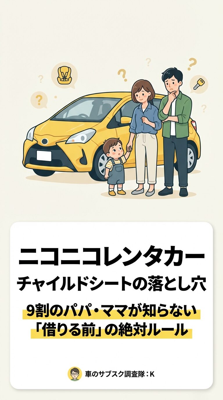 ニコニコレンタカー・チャイルドシートの注意点(表紙) 黄色の車の前で悩む家族のイラスト。「9割のパパ・ママが知らない、借りる前の絶対ルール」という見出し。