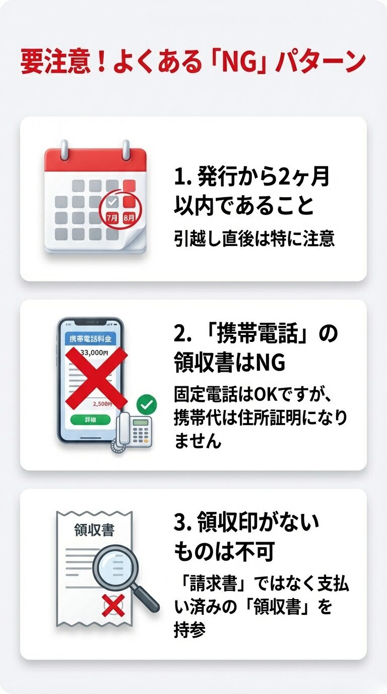 発行から2ヶ月以上経過した書類、携帯電話の領収書、領収印のない書類など、追加書類として認められない例を解説するスライド。