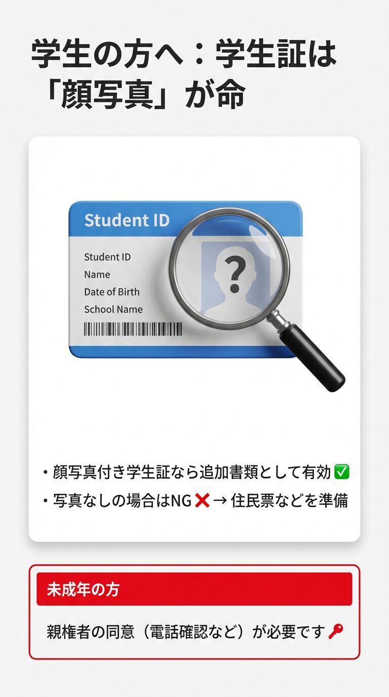 顔写真付き学生証の必須条件と、未成年者の場合に親権者の同意が必要であることを説明するスライド。
