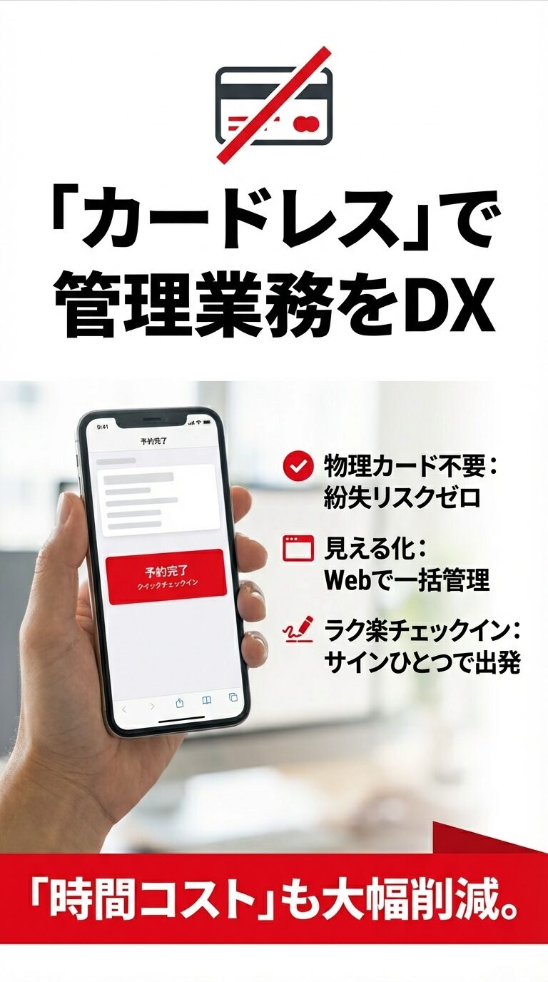 物理カード不要で紛失リスクをゼロにし、WEBで一括管理やクイックチェックイン（ラク楽チェックイン）を可能にするカードレスTRBMのメリット。