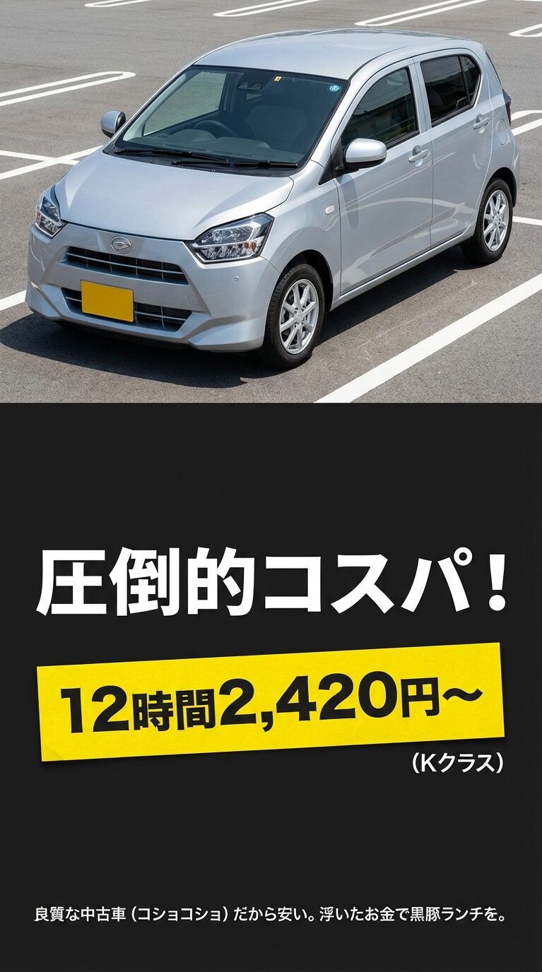 12時間2,420円からの圧倒的コスパと、良質な中古車を活用することで低価格を実現していることを説明するスライド。