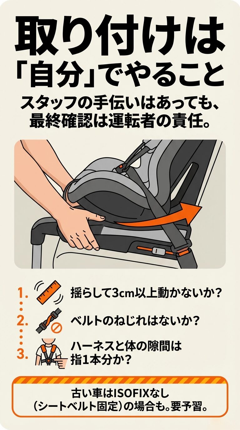 安全な取り付けチェックポイント 手でシートを固定するイラスト。3cm以上動かないか、ベルトのねじれ、指1本分の隙間など、運転者が責任を持って確認すべき3つのポイント。