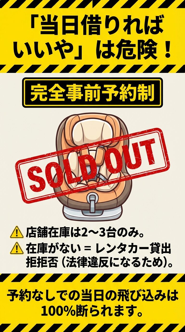 完全事前予約制のルール チャイルドシートに「SOLD OUT」のスタンプ。店舗在庫は少なく、予約なしの当日の飛び込みは法律違反になるため100%断られるという警告。