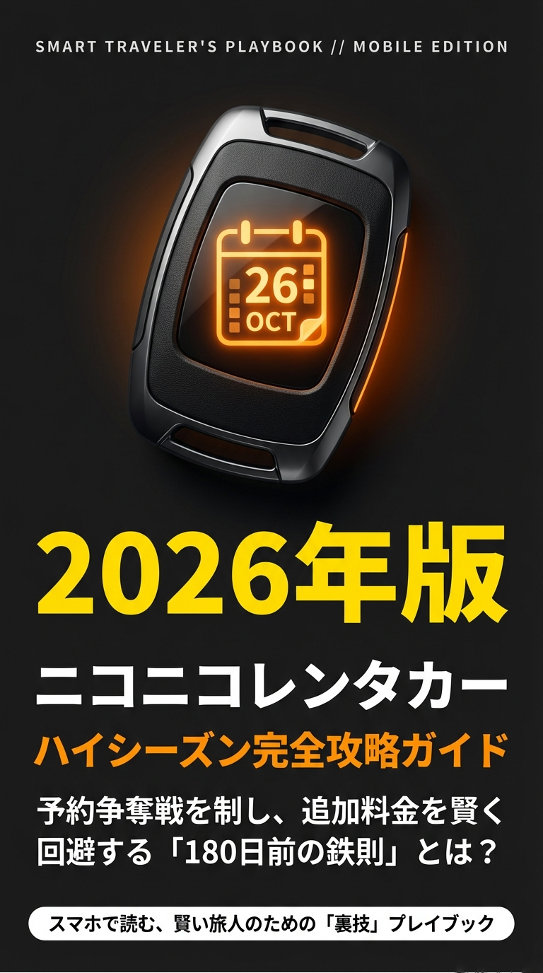 オレンジと黒を基調とした、ニコニコレンタカーの2026年ハイシーズン予約を制するためのガイドブック表紙画像。 