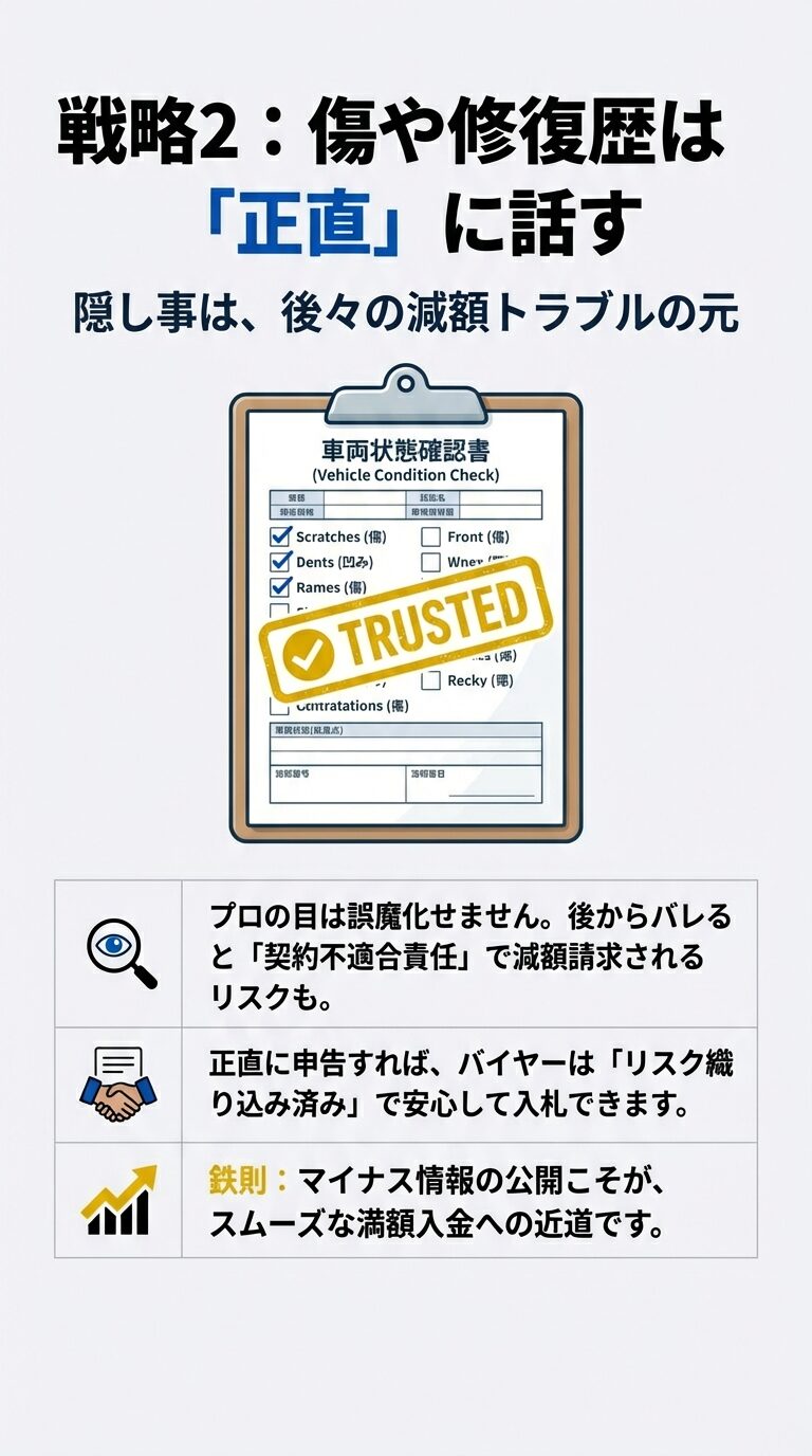 マイナス情報をあえて公開することで、減額請求（契約不適合責任）のリスクを回避し、満額入金を狙う鉄則。 