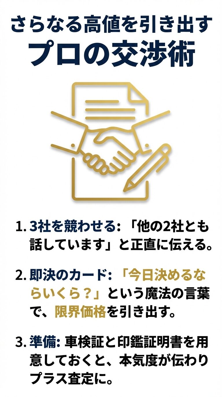 プロが教える高値を引き出す交渉術 3社を競わせる、即決を武器にする、書類を準備するといった、プラス査定を勝ち取るための3つのポイントをまとめたスライド。
