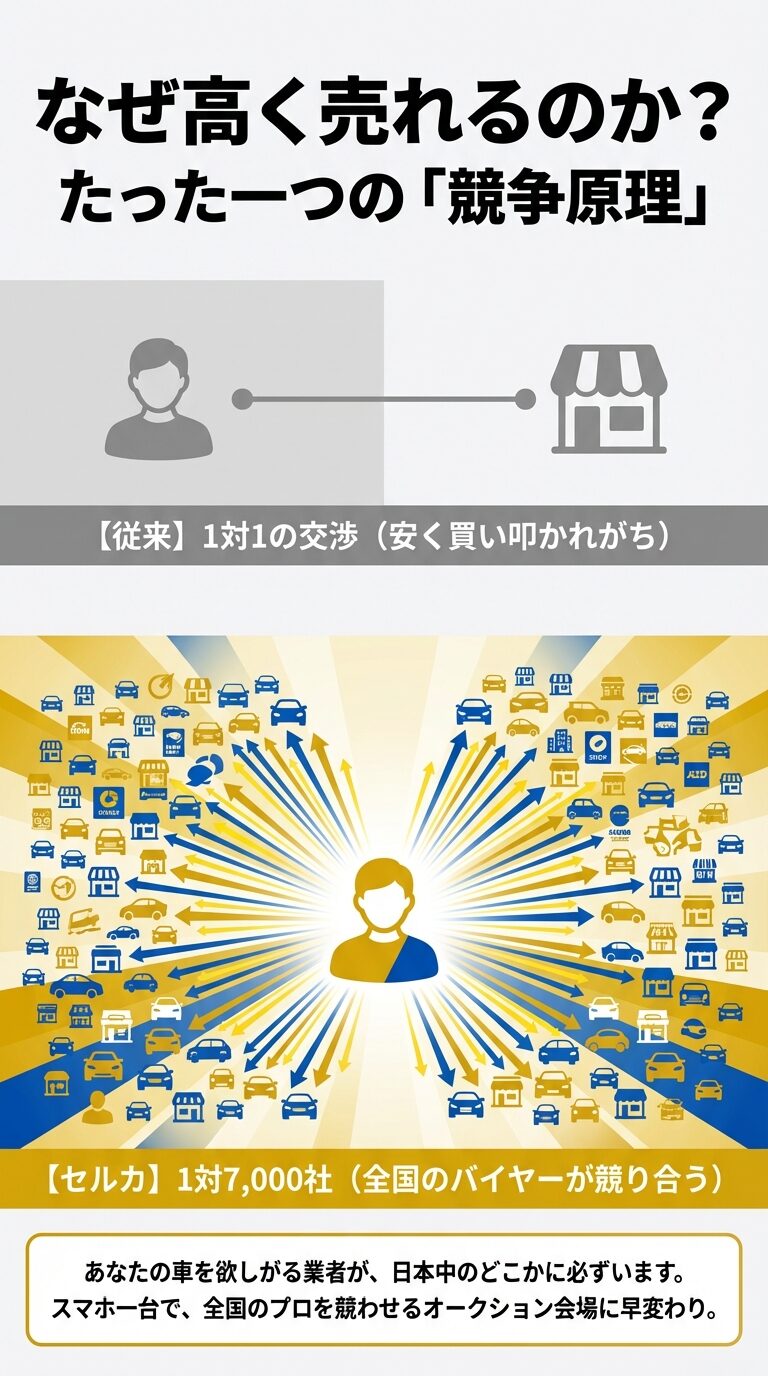 従来の1対1の交渉と、セルカの全国7,000社以上のバイヤーが競り合うオークション形式の比較。 