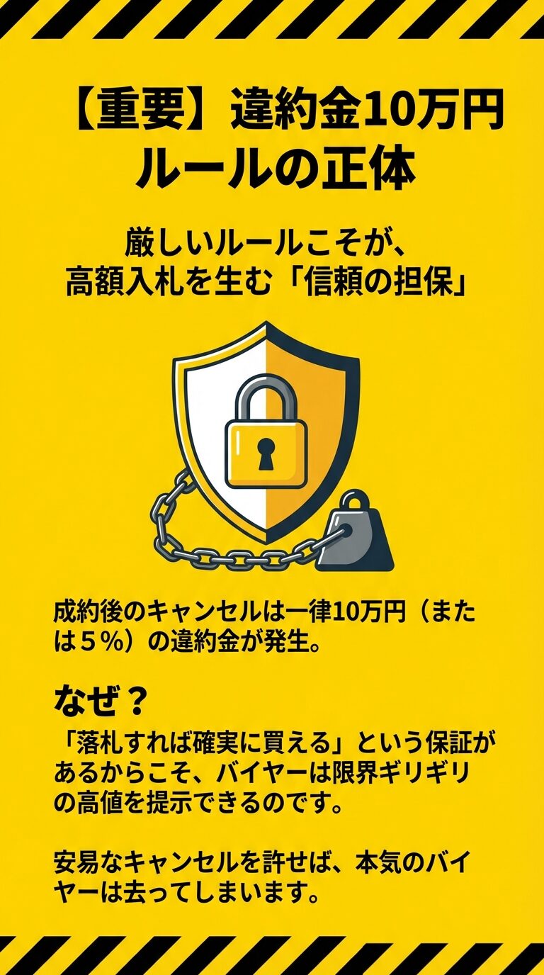 厳しいルールがバイヤーの信頼を生み、結果として限界ギリギリの高額入札に繋がる理由の解説。 