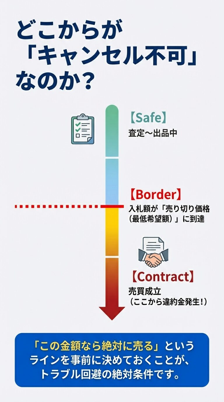 査定・出品中（Safe）から、売り切り価格到達（Border）、売買成立（Contract）までの違約金発生フロー。 