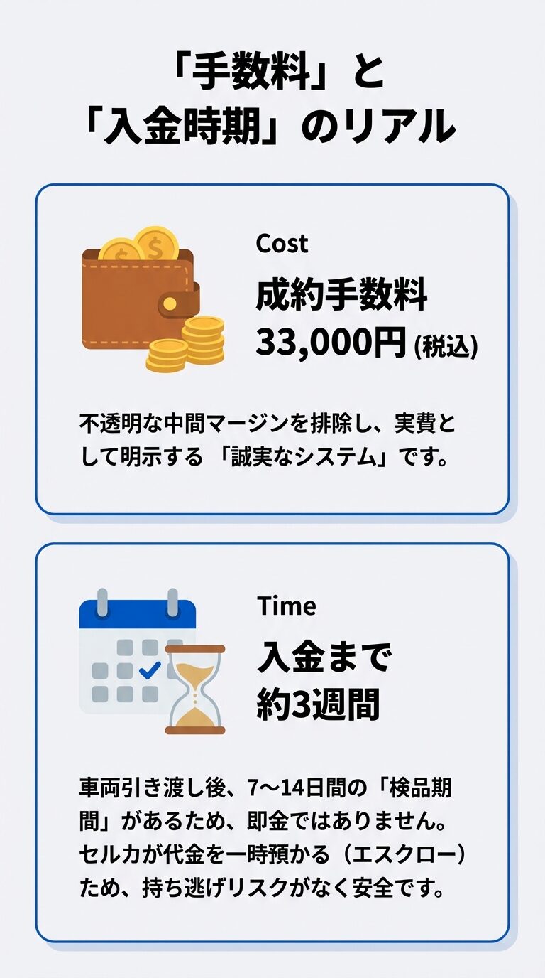 成約手数料33,000円の明示と、車両引き渡しから約3週間後の入金までのスケジュール。 