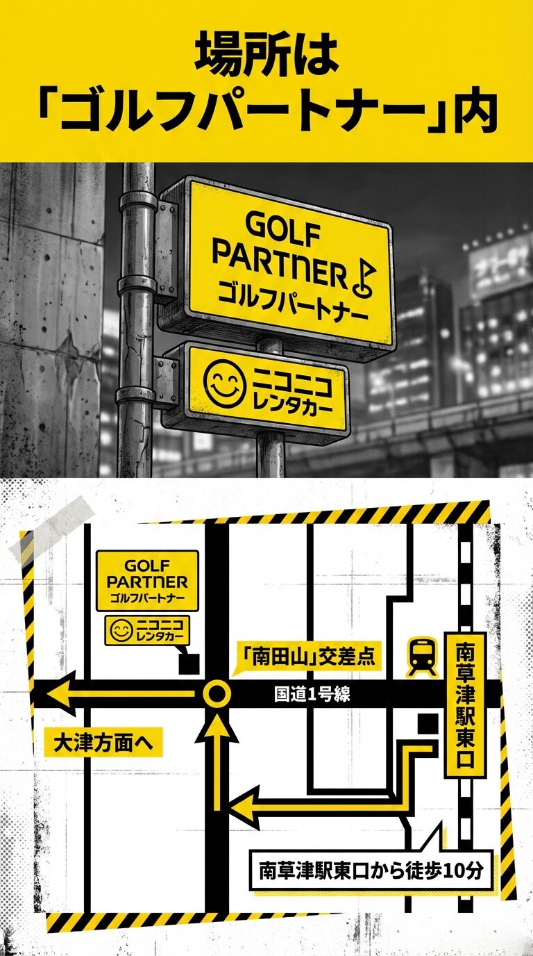 ゴルフパートナー草津店内の店舗位置、南草津駅東口から徒歩10分のルート、南田山交差点の案内図 。