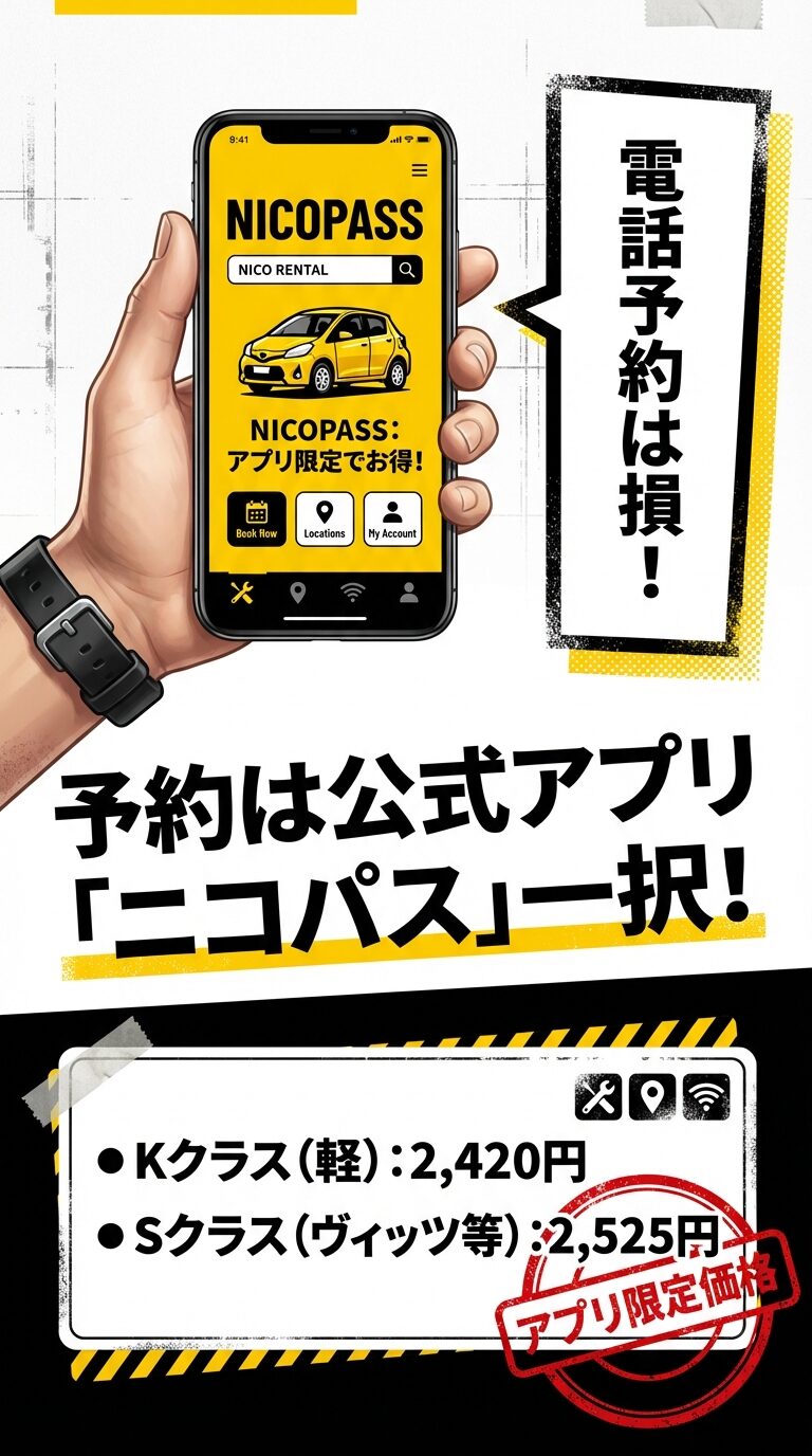 公式アプリ「ニコパス」限定のKクラス2,420円、Sクラス2,525円といった格安料金表の比較画像 。