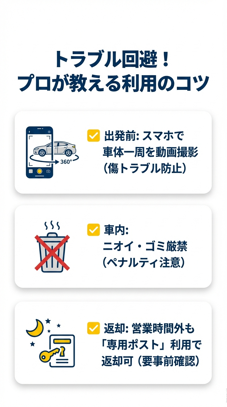 トラブルを防ぐ3つの利用のコツ 出発前の車体動画撮影(傷トラブル防止)、車内のニオイ・ゴミ厳禁、営業時間外の「専用ポスト」返却の3つのポイントを解説したスライド 。