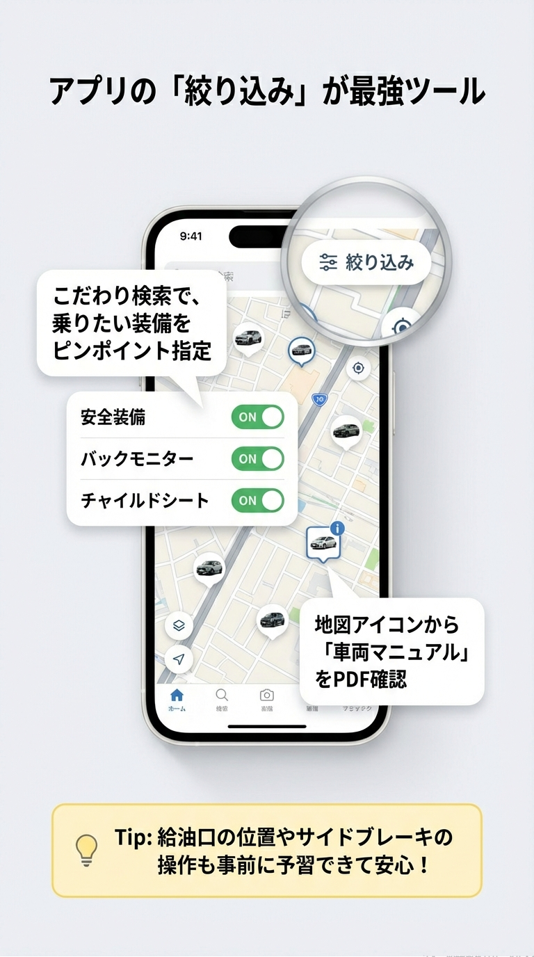 アプリの「絞り込み」検索活用術 アプリの絞り込み画面のイメージ。安全装備、バックモニター、チャイルドシートなどのこだわり条件をピンポイント指定できることを説明している。