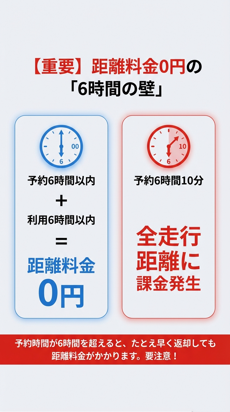 距離料金0円の条件「6時間の壁」 予約と利用の両方が6時間以内なら距離料金0円だが、予約が6時間を1分でも超えると全走行距離に課金が発生することを時計のイラストで警告するスライド。