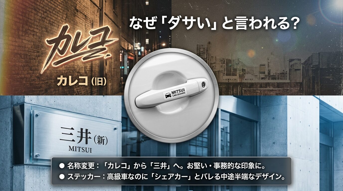 名称変更とステッカーの課題 カレコから三井への名称変更による印象の変化と、シェアカーだとバレるステッカーデザインの解説。