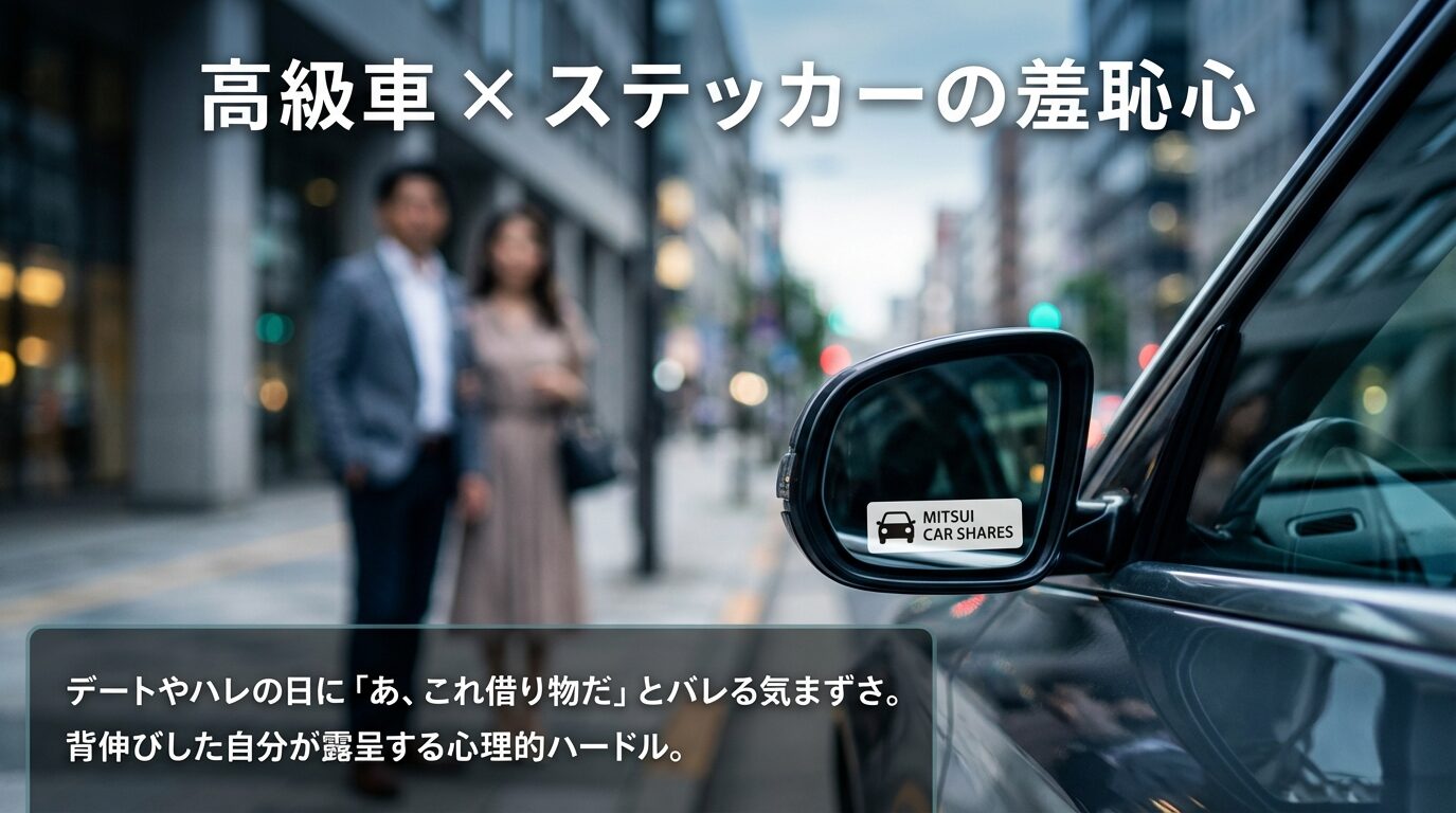 高級車×ステッカーの心理的障壁 デートやハレの日に「借り物」だとバレてしまう気まずさや、背伸びが露呈する心理を表現したスライド。