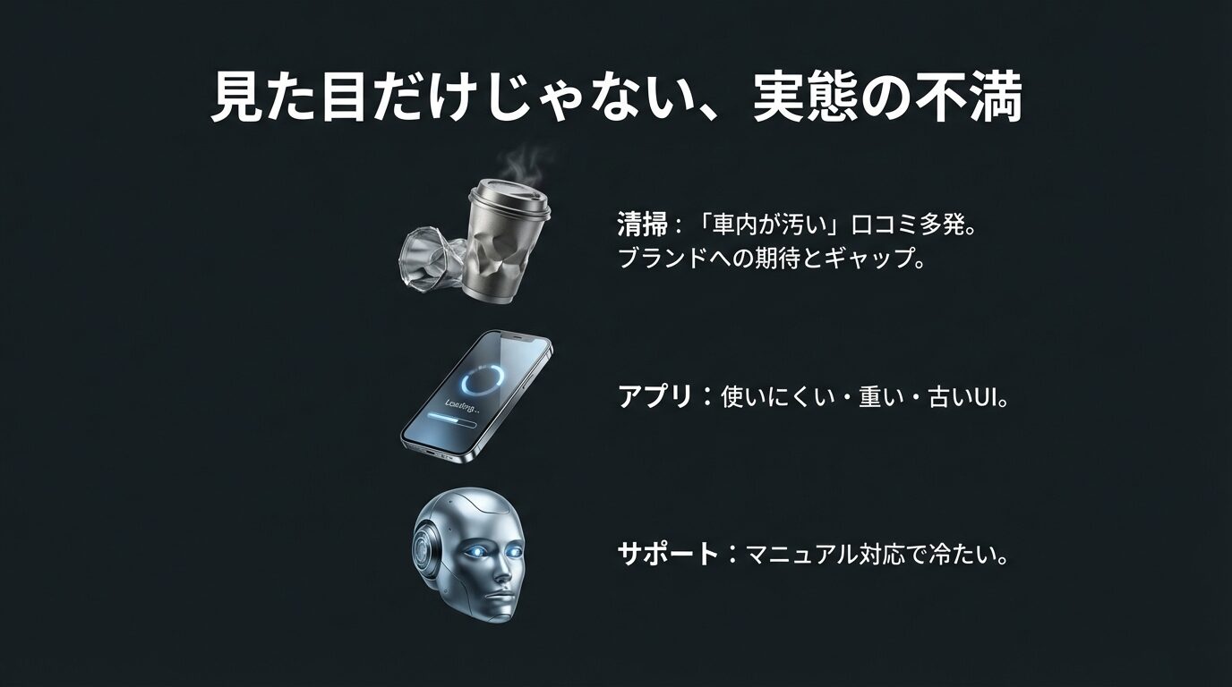 運用面での不満点まとめ 清掃(車内の汚れ)、アプリ(使いにくいUI)、サポート(マニュアル対応)の実態に関する不満をまとめた図解。