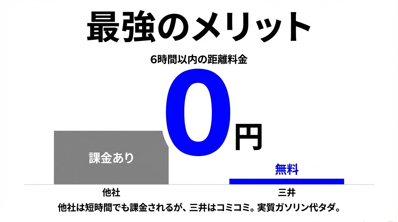 6時間以内の距離料金比較 他社は短時間でも課金されるが、三井は6時間以内なら距離料金0円(実質ガソリン代無料)であることを示す比較表。