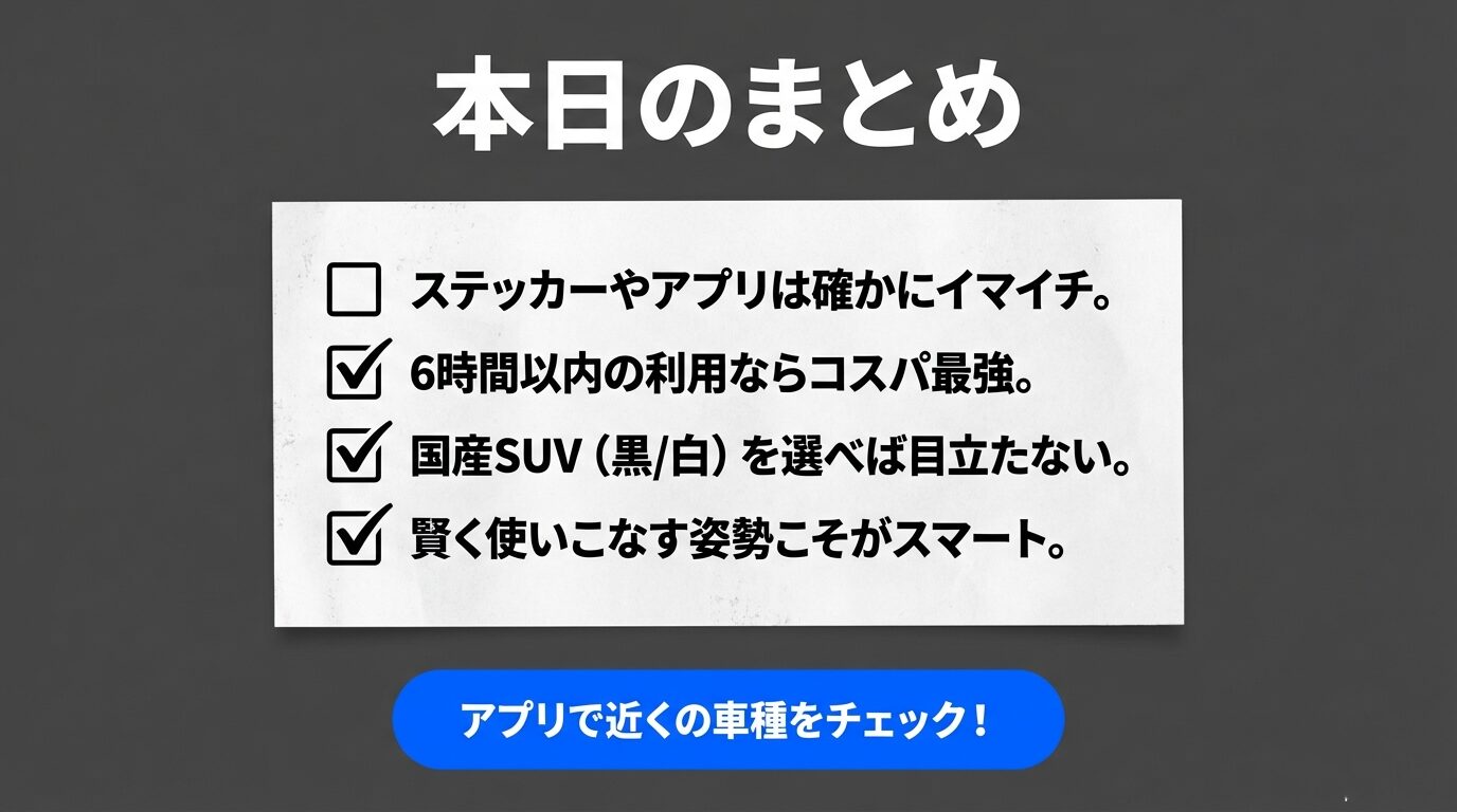 三井のカーシェアを使いこなすコツ 国産SUVを選び、短時間利用でコスパを最大化する「スマートな活用」の重要ポイントをまとめたスライド。
