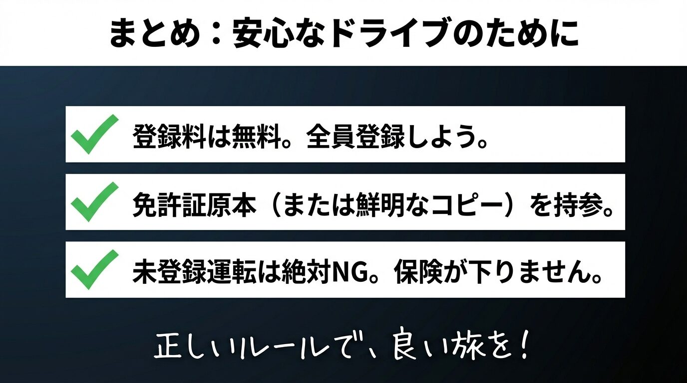 「まとめ：安心なドライブのために」として、登録料無料、免許原本持参、未登録運転NGの3点を復習する内容 。