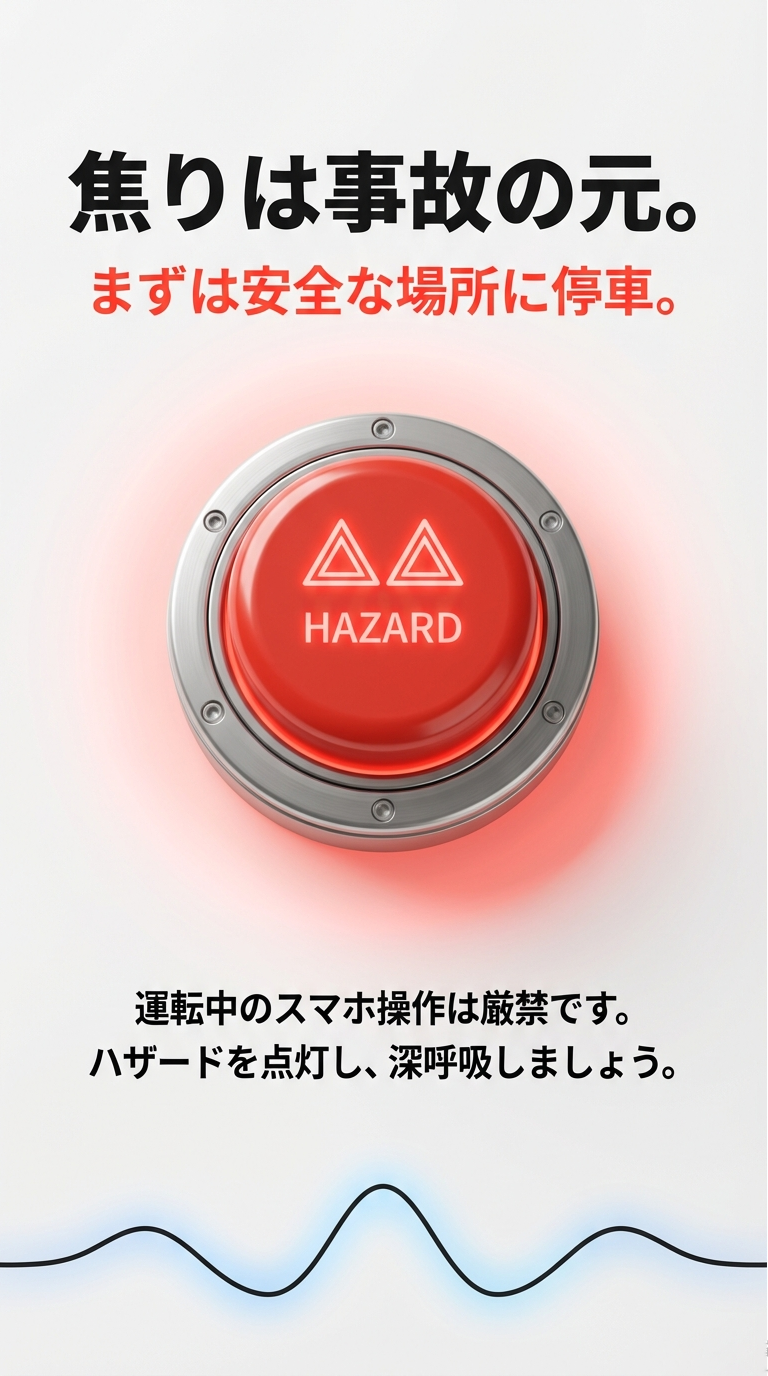 緊急時の停車と安全確保 赤いハザードボタンの画像。「焦りは事故の元。まずは安全な場所に停車。ハザードを点灯し、深呼吸しましょう」というメッセージ。